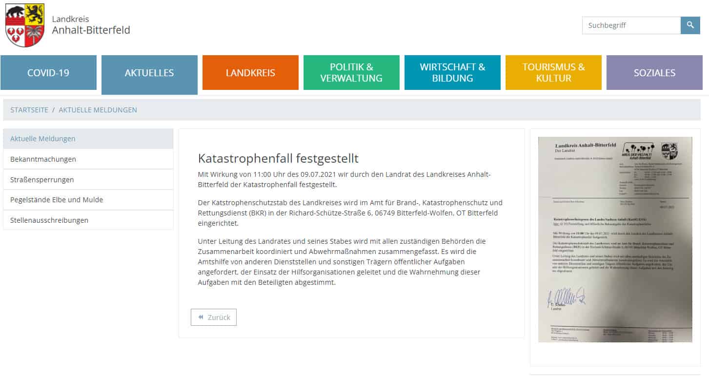 Screenshot der Website des Landkreis Anhalt-Bitterfeld zum Katastrophenfall des Hackerangriffs